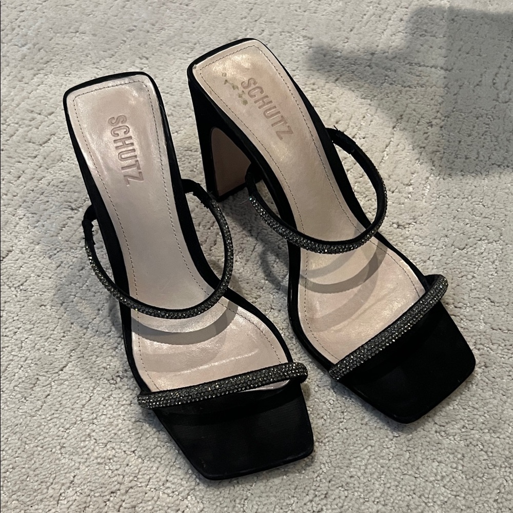 SCHUTZ Black and Silver Strappy Heels